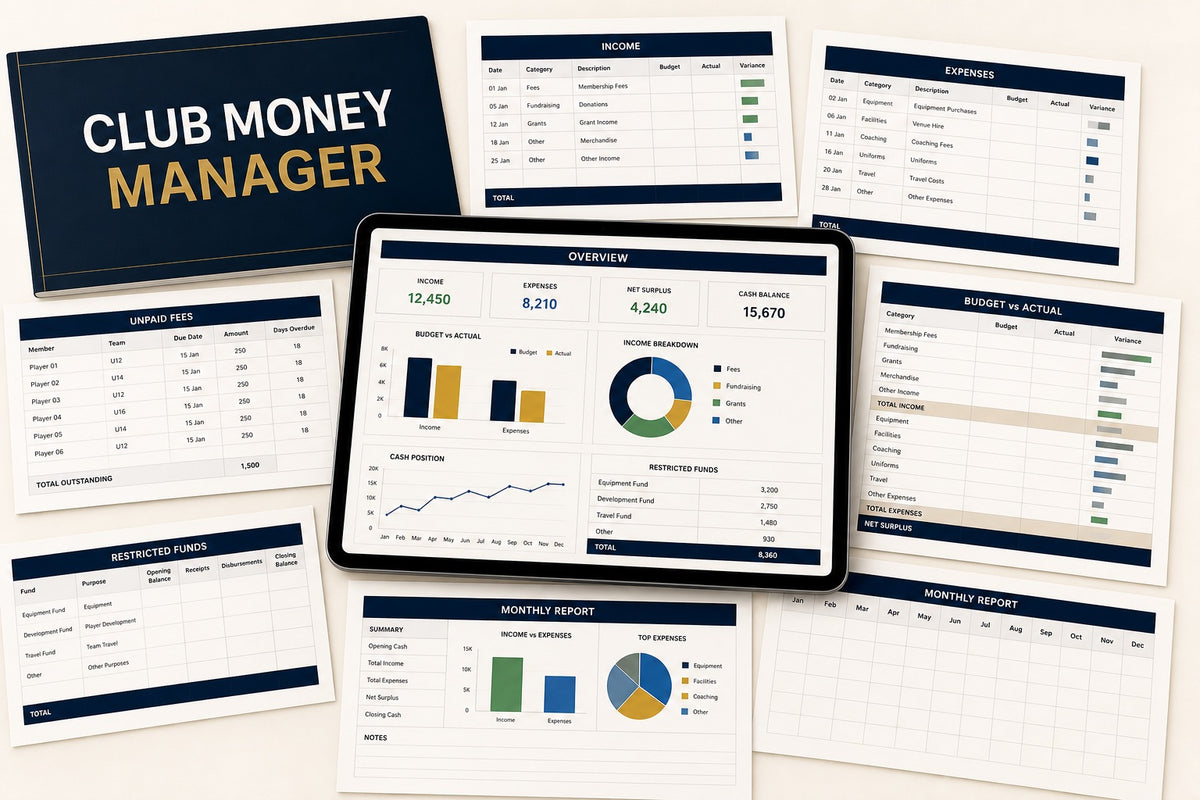 Preview of the 11-sheet Club Money Manager with example data