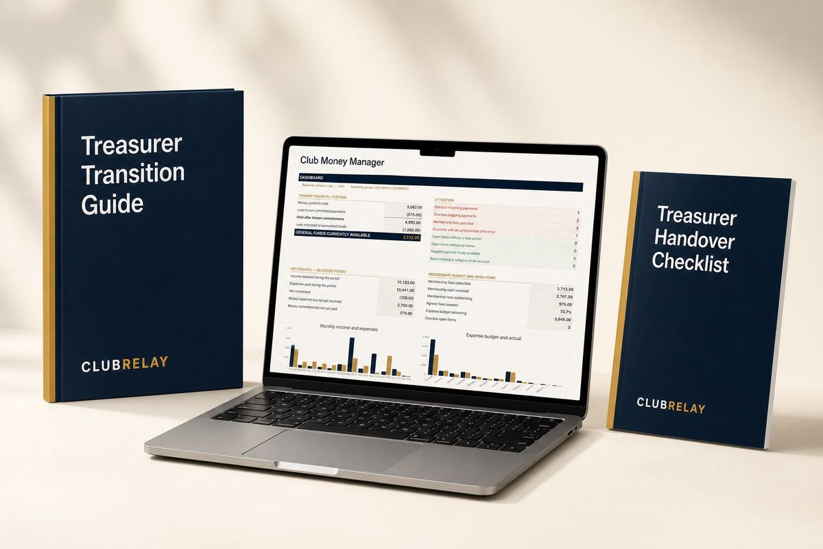 ClubRelay Treasurer Handover System with transition guide, checklist and money manager